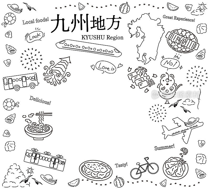 日本九州地区夏季美食旅游标志套装(线条画黑白)
