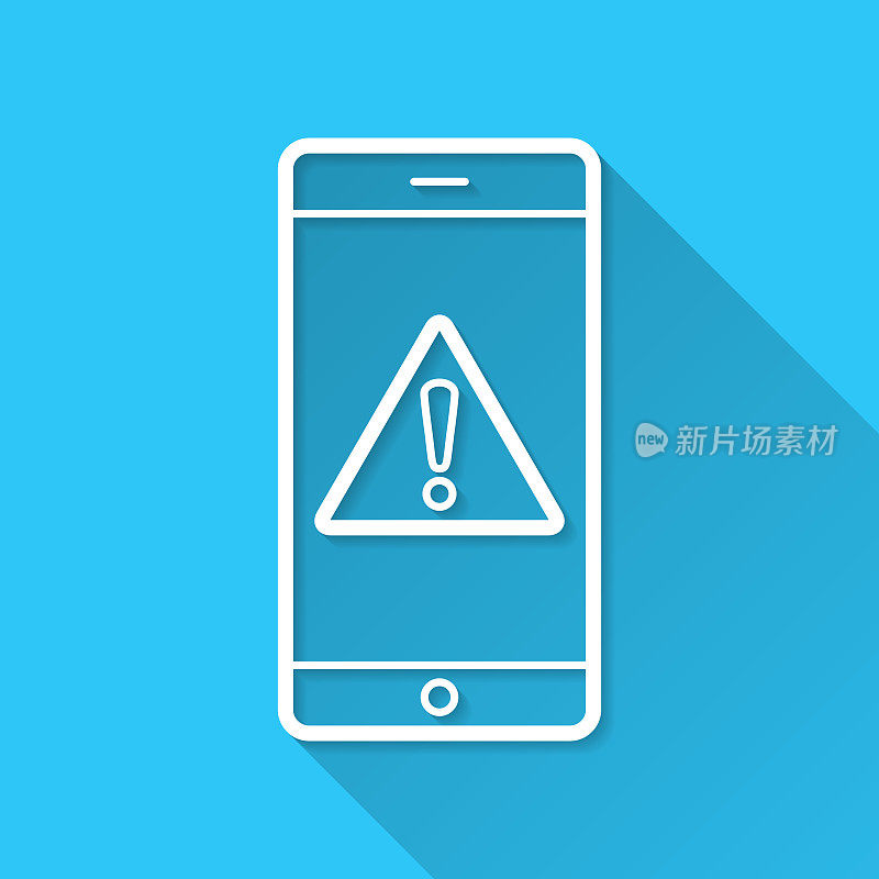 智能手机具有危险警告注意。图标在蓝色背景-平面设计与长阴影