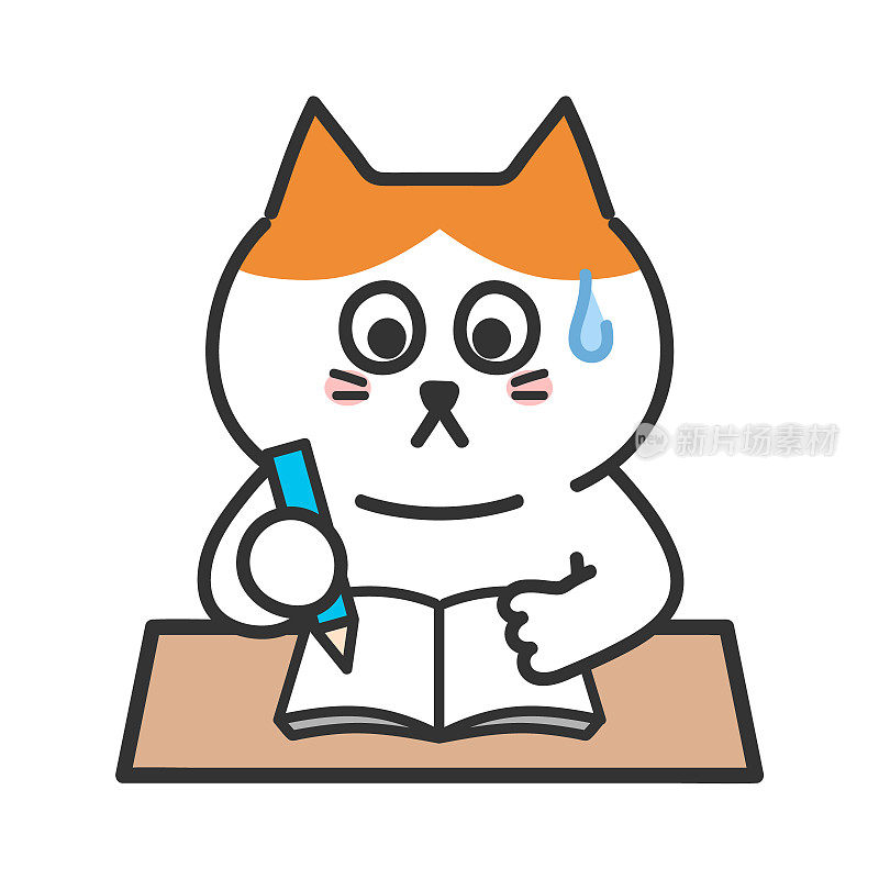 橙色虎斑卡通猫带着汗水胆怯地记笔记，矢量插图。