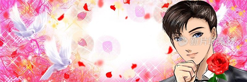 Shoujo漫画风格的宽幅插图，一个黑头发的英俊男孩，一只手拿着红玫瑰，温柔地微笑着邀请他。