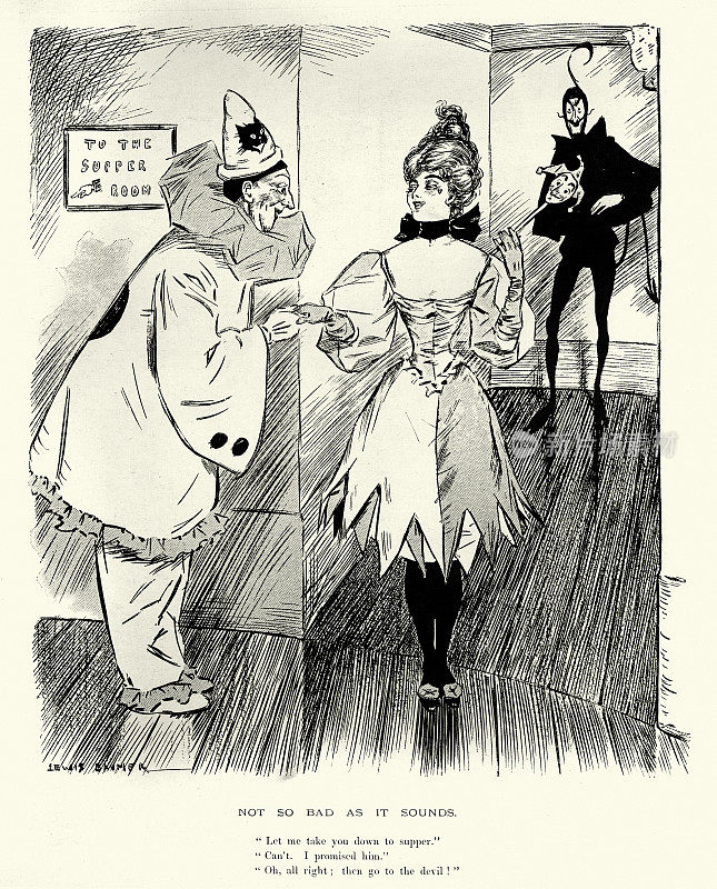 漫画，男人约女人出去，拒绝，小丑，丑角与魔鬼，维多利亚时代的幽默，19世纪
