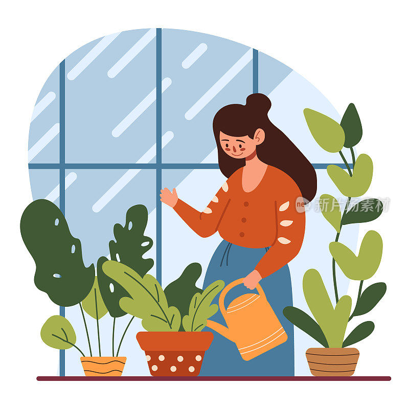 快乐的年轻女子用不同的花盆浇灌室内植物。家庭园艺的爱好，种植室内植物和绿色植物。平面矢量插图。植物夫人和舒适的家庭生活理念。