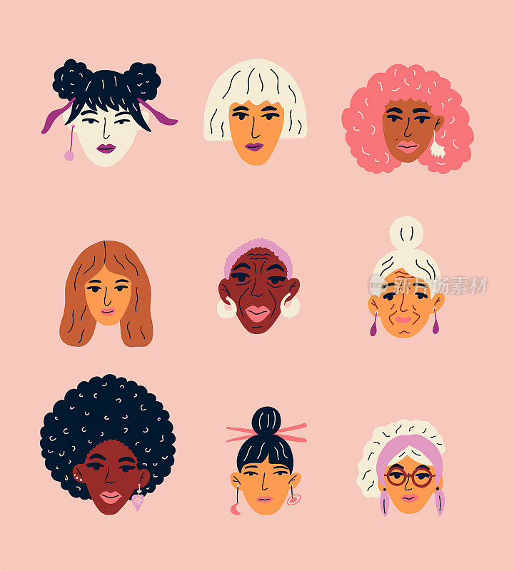 不同种族和年龄的女性头部的多样性概念。多民族的美女们有着不同的面孔。
卡通矢量打印t恤，明信片，包，装饰，横幅，社交网络和媒体。