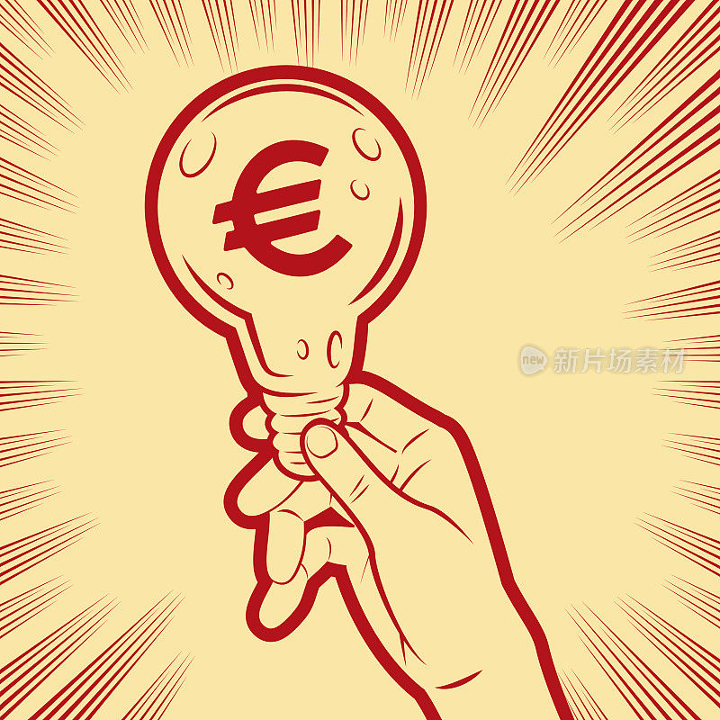 一个人的手展示了一个创意灯泡，背景是一个货币符号，放射漫画速度线