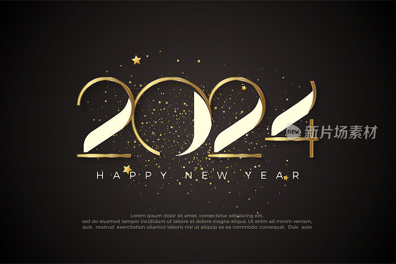 豪华独特的设计祝2024年新年快乐。闪烁着金色的数字和金色的闪光。为问候和快乐的新年2024庆祝的高级矢量设计。