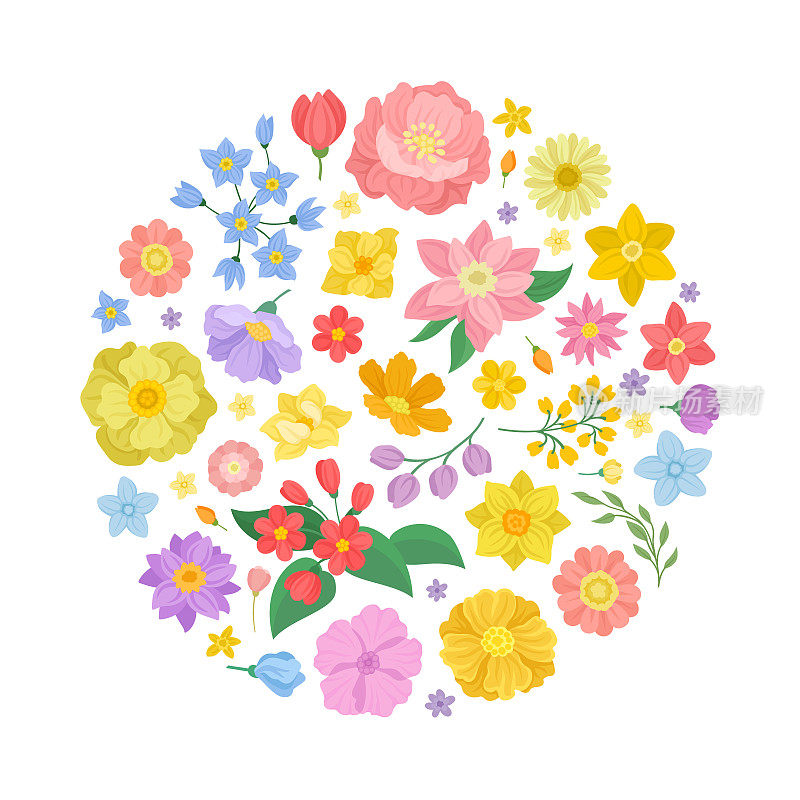 花卉圆形构图与盛开的芬芳花园花矢量模板