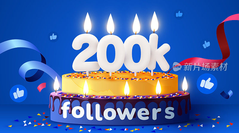 20万或20万粉丝，谢谢。社交网络的朋友，追随者，订阅者和喜欢。有蜡烛的生日蛋糕。