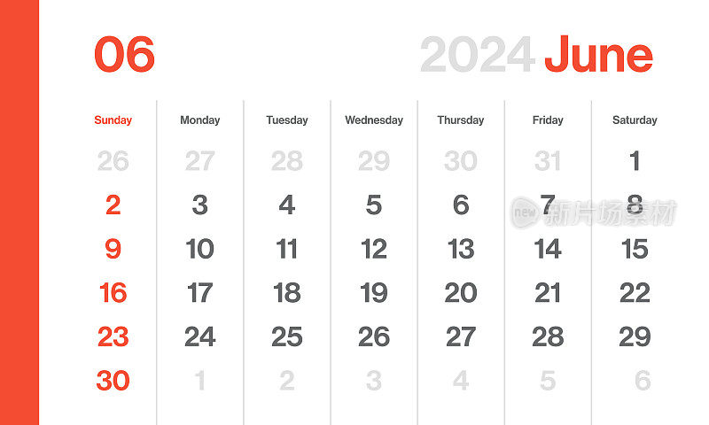 2024年6月-月历。极简风格的景观水平日历2024年。向量模板。一周从周日开始
