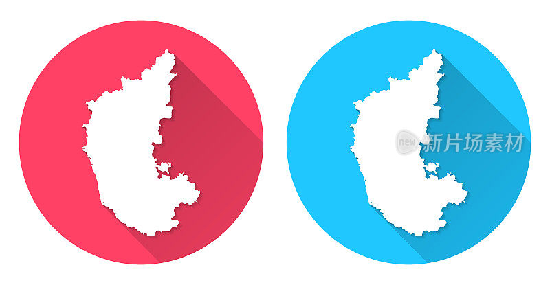 卡纳塔克邦的地图。圆形图标与长阴影在红色或蓝色的背景