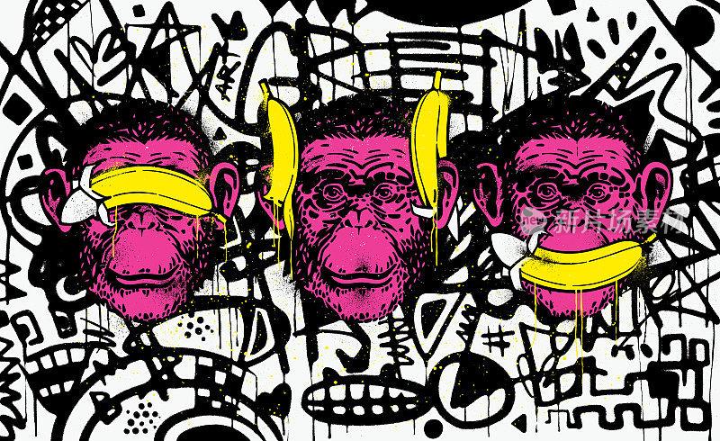 三只聪明的猴子在涂鸦