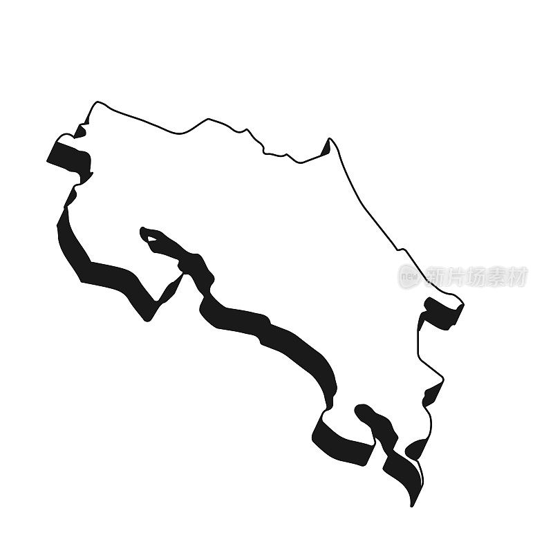 哥斯达黎加地图与黑色轮廓和阴影在白色背景