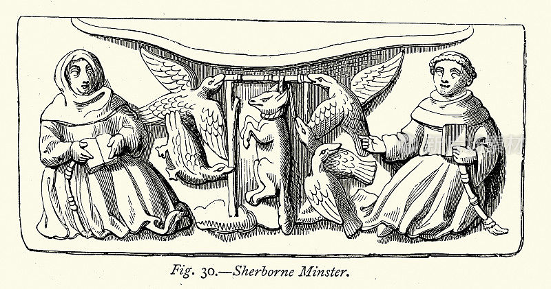 修道士，鸟吊狐狸，教堂摊位上的中世纪木雕，舍伯恩大教堂