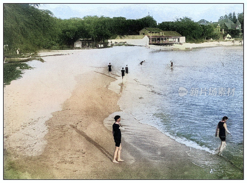 古董黑白照片:夏威夷威基基海滩