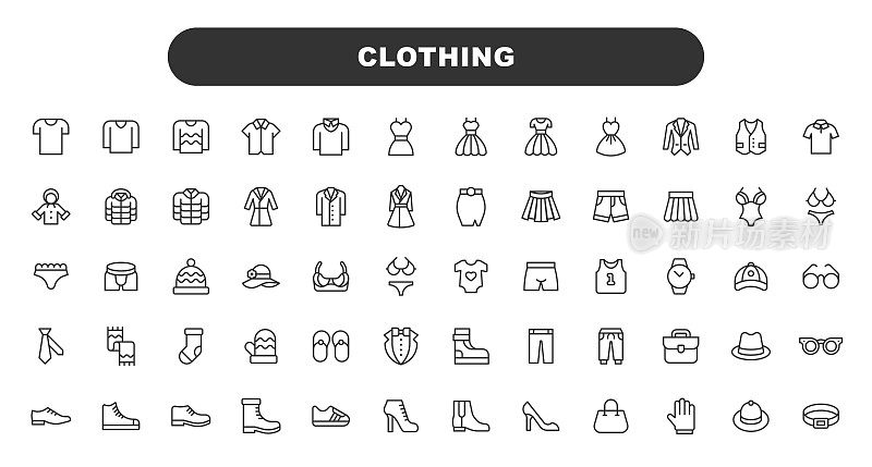 服装和时尚线图标。可编辑的中风。包含这样的图标，时尚，夹克，t恤，鞋，西装，衣柜，裙子，毛衣，衣服，织物，穿，服装，连衣裙。