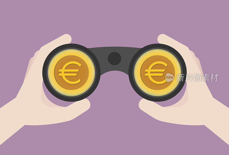 商人用双筒望远镜为财务自由概念寻找欧元货币