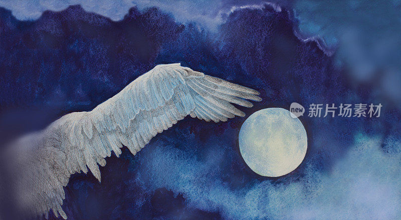 一幅时尚的绘画艺术山水画，印象派，满月，自由飞翔的鸟