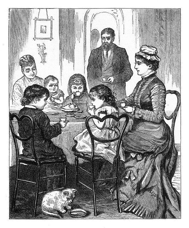 一家人在餐桌上吃晚餐，一只猫在喝牛奶，美国维多利亚版画，1882年