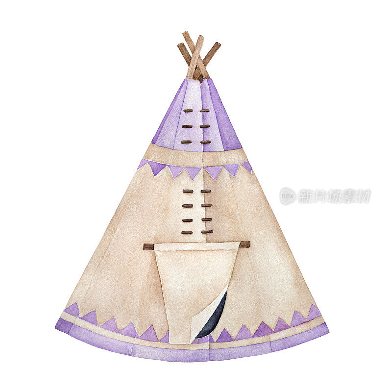 传统的浅棕色蒂皮用木杆和盖，用柔和的紫色三角形装饰。北美印第安人的帐篷。手绘水彩画，剪纸元素的设计。