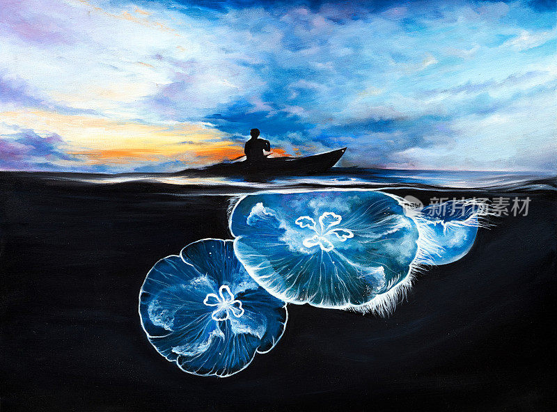 帆布上的一幅油画，画的是船上的一个渔民和船下面的两条大水母