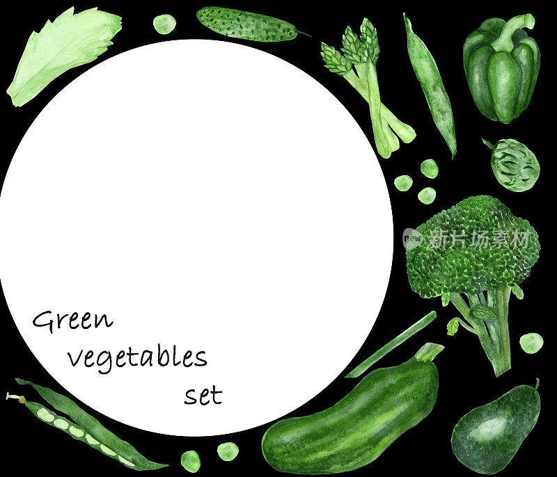 水彩圆形框架的绿色蔬菜与铭文孤立在黑色的背景。
