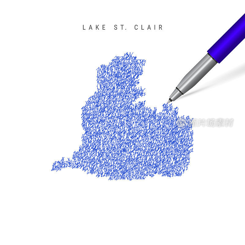 圣克莱尔湖素描涂鸦地图孤立在白色的背景。手绘的圣克莱尔湖矢量地图。