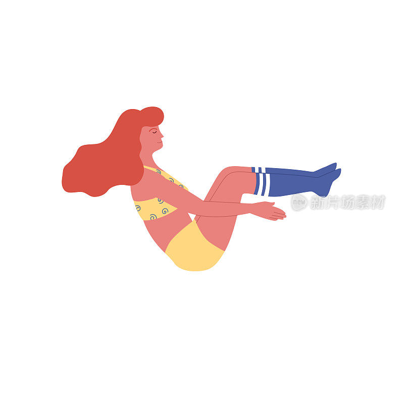 红头发的女人在及膝袜做船式，在白色的背景上孤立的下半身瑜伽体式。瑜伽，普拉提或伸展教练。身体活动和心理健康。
