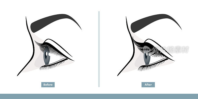 女性眼睛前后睫毛延伸。自然睫毛和卷睫毛的比较。侧视图。信息图表矢量图