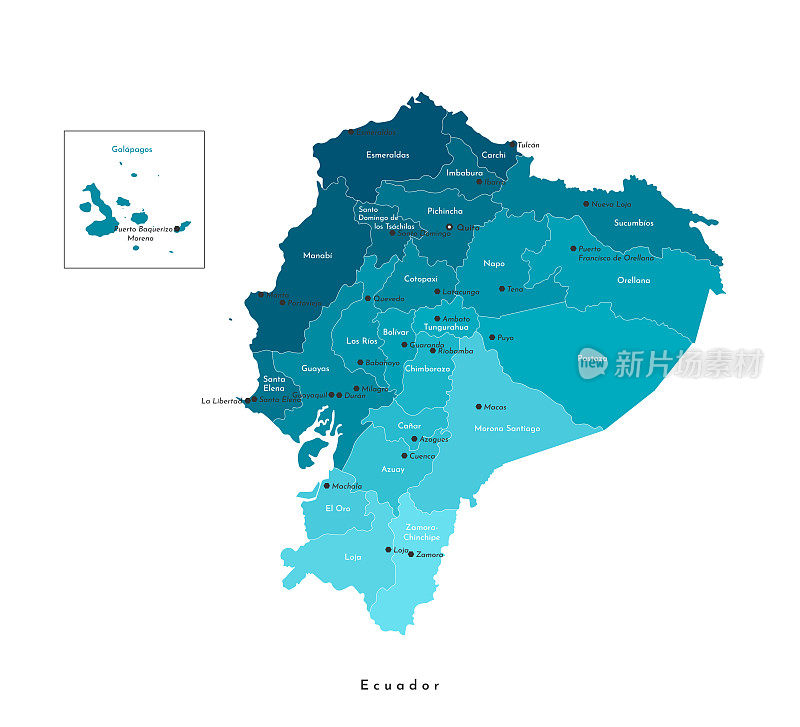 向量孤立的插图。简化的厄瓜多尔行政地图，蓝色。白色背景和轮廓。厄瓜多尔大城市和省的名称。