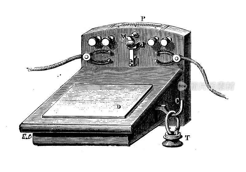 科学发现，实验和发明的古董插图:电话，麦克风，发射机