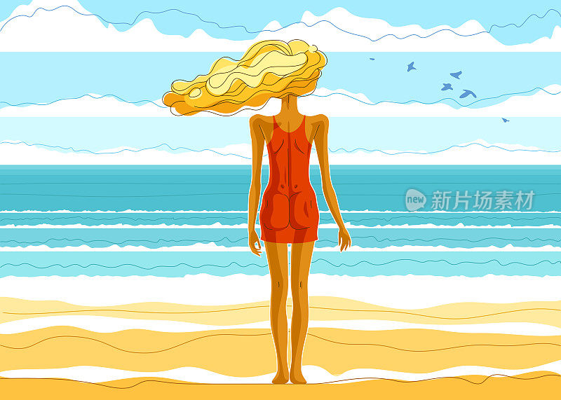 美丽苗条的女孩站在海边的沙滩上，看着大海或大海在平静的休息，矢量插图的暑假懒散美丽的海景。