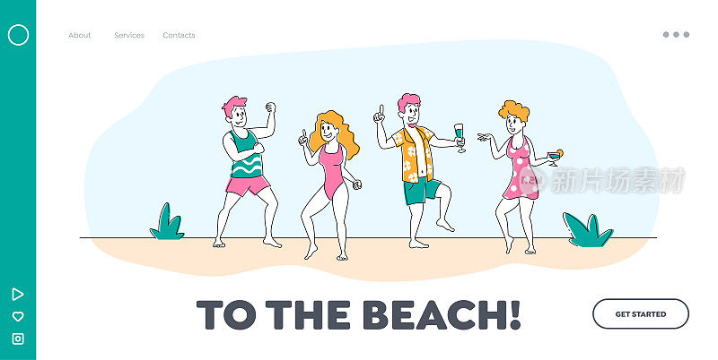 在热带度假村的迪斯科舞厅登陆页面模板。在夏日海滩派对上，年轻人一边跳舞一边喝酒，演奏着现代音乐。线性人物矢量图