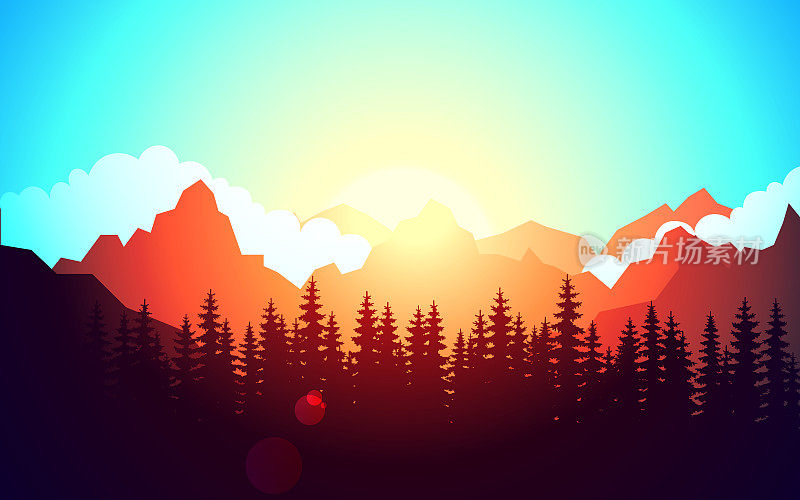 有山脉和阳光的景观。日落。日落。早....晚上。云层和森林。多山的地形。抽象的背景。矢量插图。去高山旅行的明亮插图。
