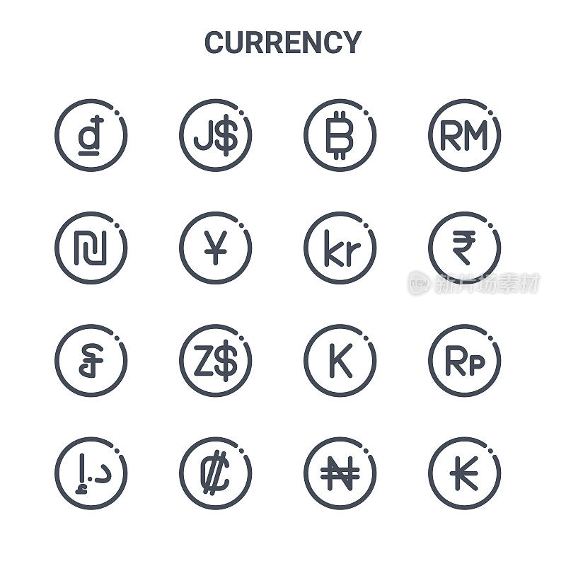 一组16货币概念向量线图标。如美元，谢克尔，卢比，老挝，科隆，缅甸，奈拉，丹麦克朗，马来西亚林吉特