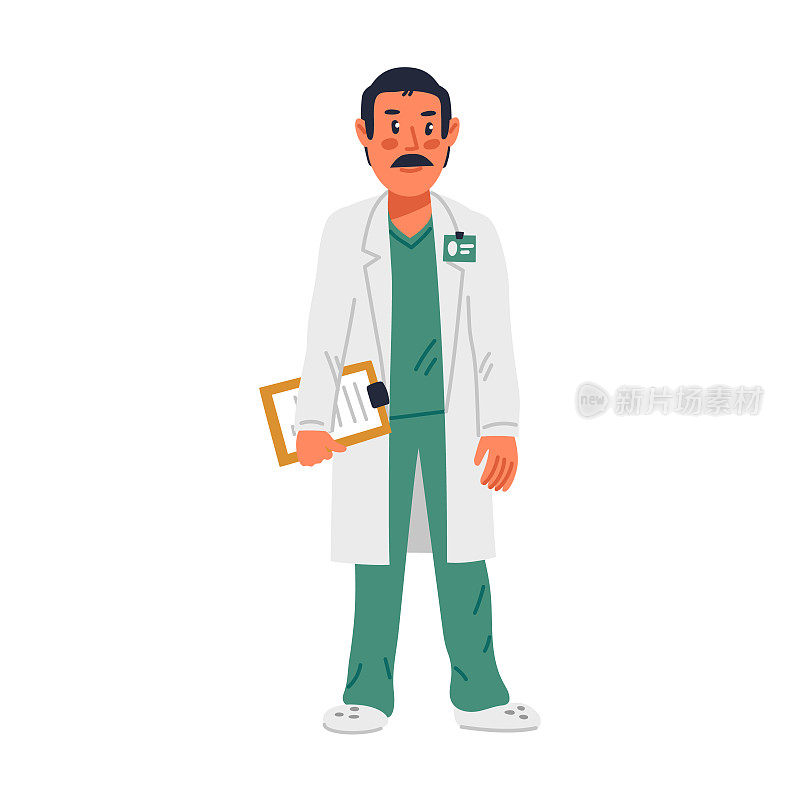 医生。年轻的医学博士，穿着绿色手术服和白色长袍。医疗小组的概念。一个带听诊器和病历的男医生。简单的平面风格矢量插图