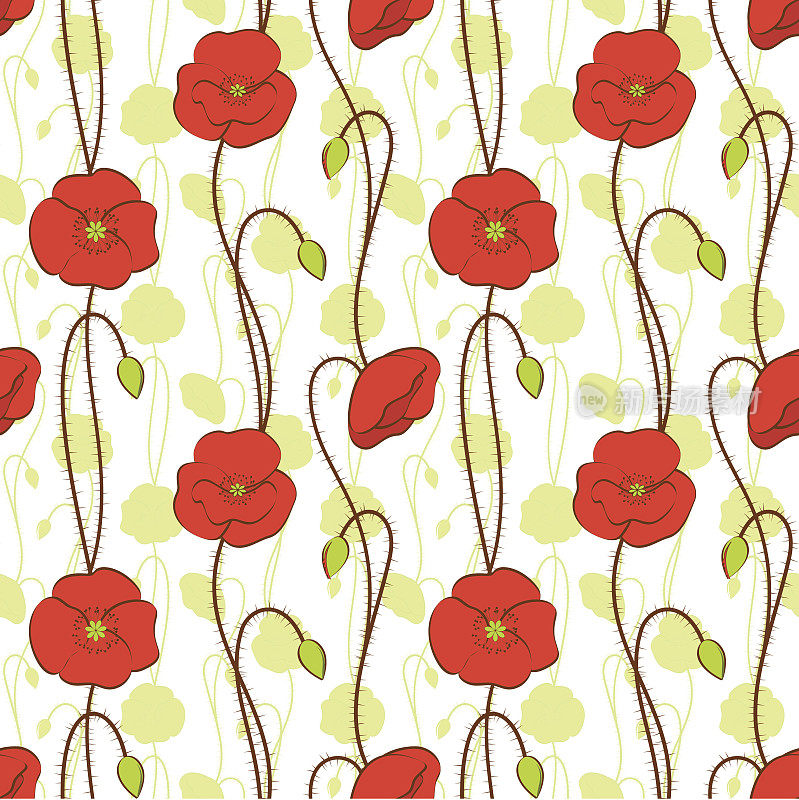 春天红色罂粟花无缝图案