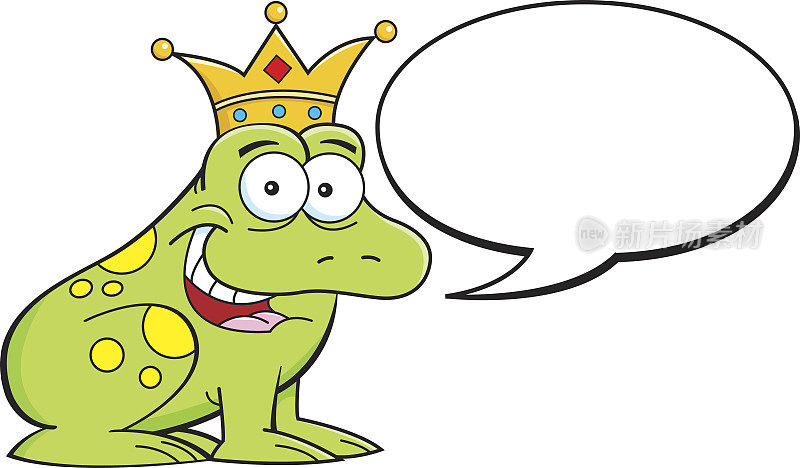 卡通青蛙戴着皇冠和一个演讲气球。