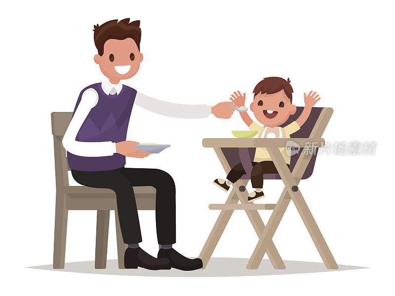 孩子进食。父亲正坐在高脚椅上给婴儿喂奶。