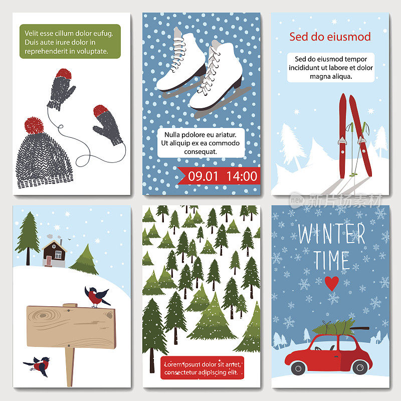 一套六张可爱的冬季卡片模板。
