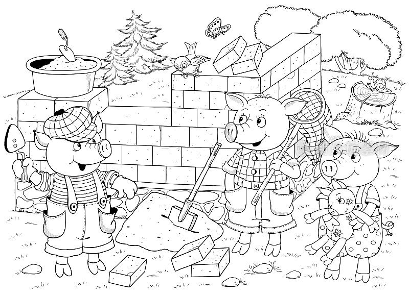 三只小猪。童话故事。对儿童插图。着色页面。可爱和有趣的卡通人物