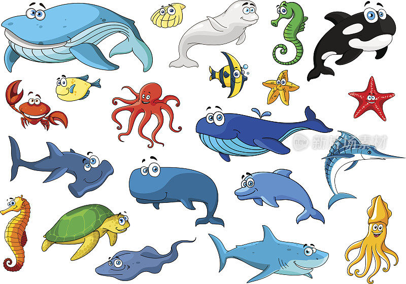 海洋动物孤立卡通图标集