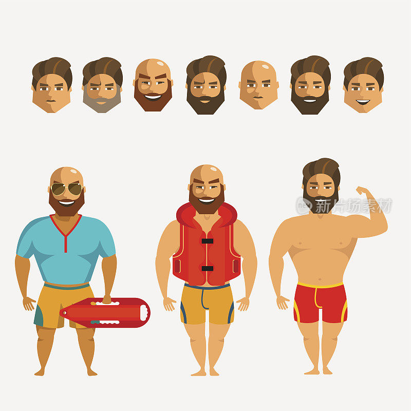 海滩上的救援人员。人的性格创造设定。图标有不同类型的面孔，胡须和胡须风格，情绪，男性。