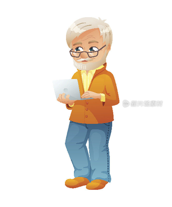 矢量插图的一个老活跃的男人戴眼镜，胡子和胡子，谁穿着牛仔裤和开襟羊毛衫。他正站着用上网本上网