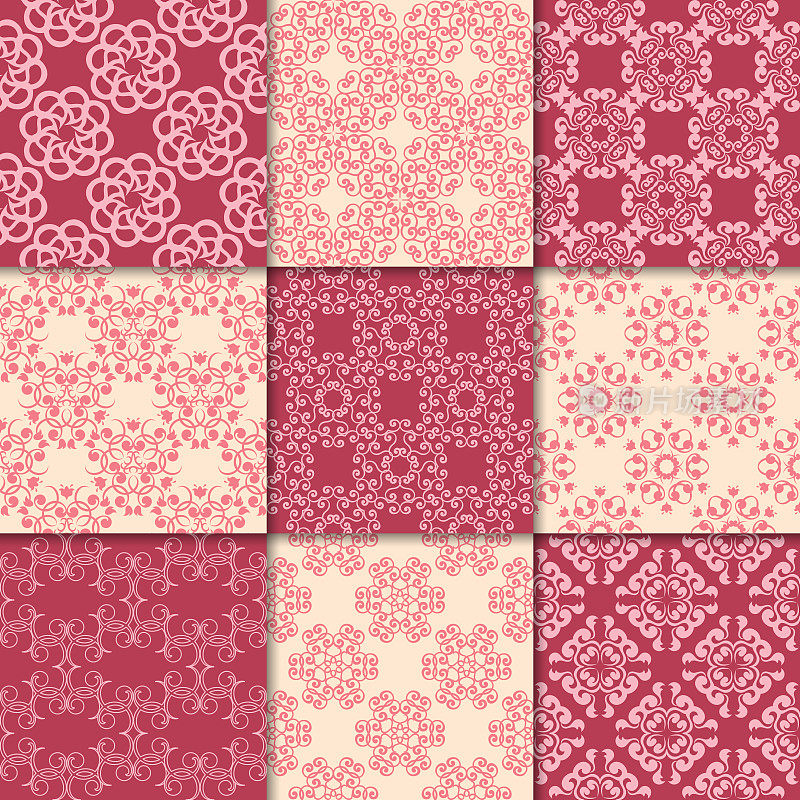 樱桃红和米色的花卉装饰品。无缝模式的集合