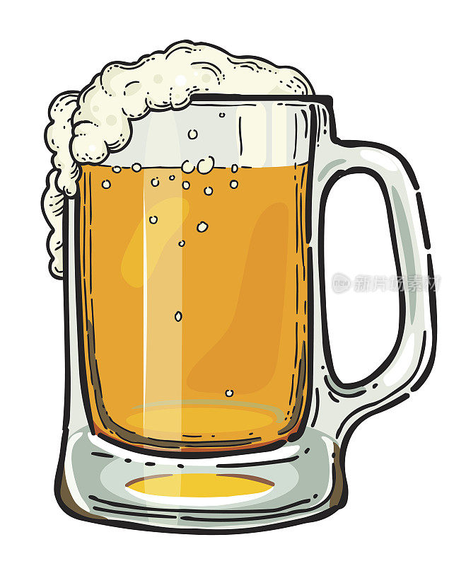 卡通形象的啤酒在玻璃