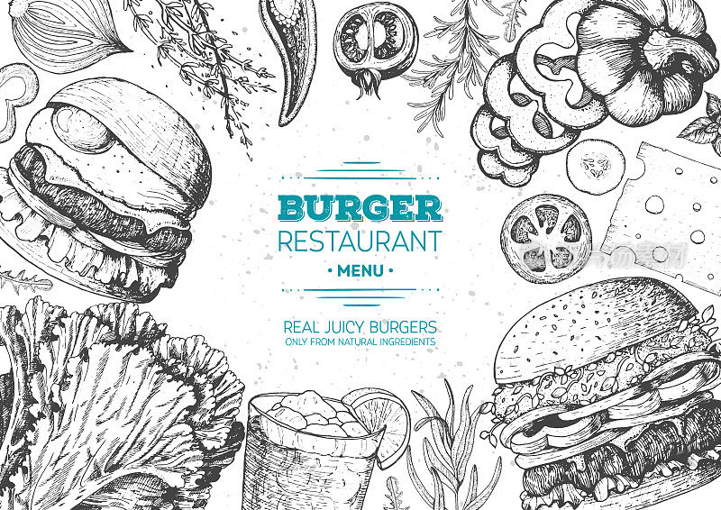 汉堡和配料的汉堡矢量插图。快餐，垃圾食品框架。美国的食物。汉堡餐厅菜单设计元素。雕刻风格的形象。