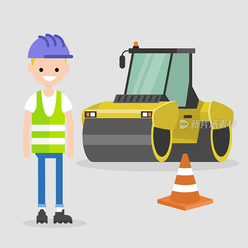 年轻的工程师戴着安全帽和反光背心。沥青铺路。工业插图。黄色压路机和橙色圆锥。平面矢量插图，剪辑艺术。
