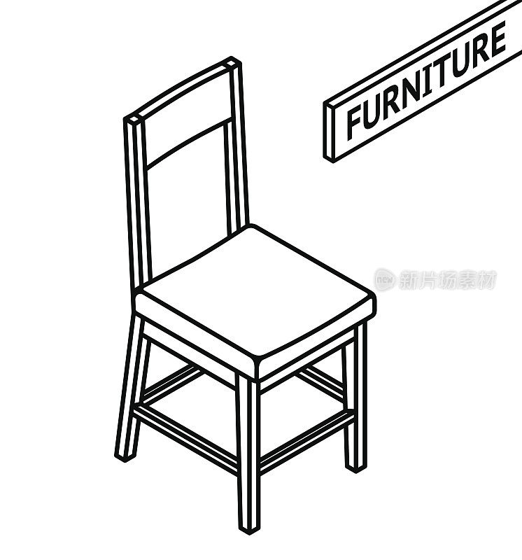 等距轮廓家具。3D线绘制等距椅子。白色背景