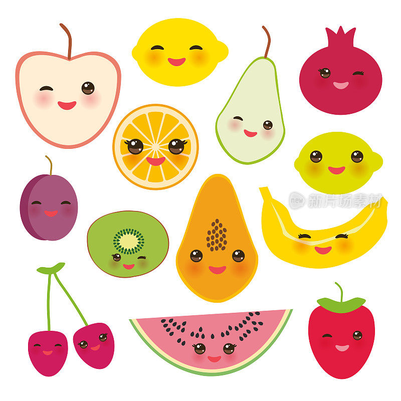 设置草莓，橙子，香蕉樱桃，酸橙，柠檬，猕猴桃，李子，苹果，西瓜，石榴，木瓜，梨，梨在白色的背景。向量
