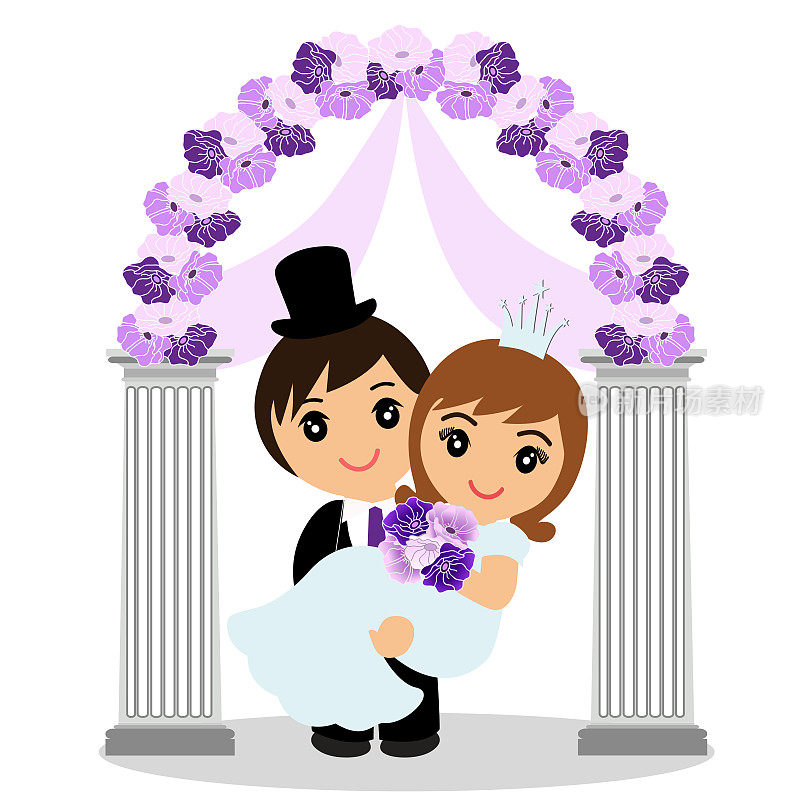 婚礼拱门与新娘和新郎孤立在白色的背景。新娘和新郎。