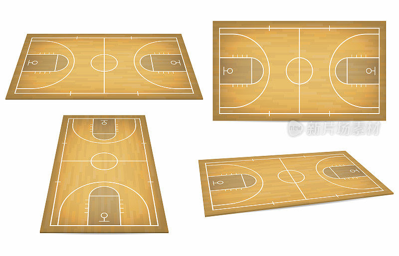 木地板的篮球场。从上面和角度看，等距视图